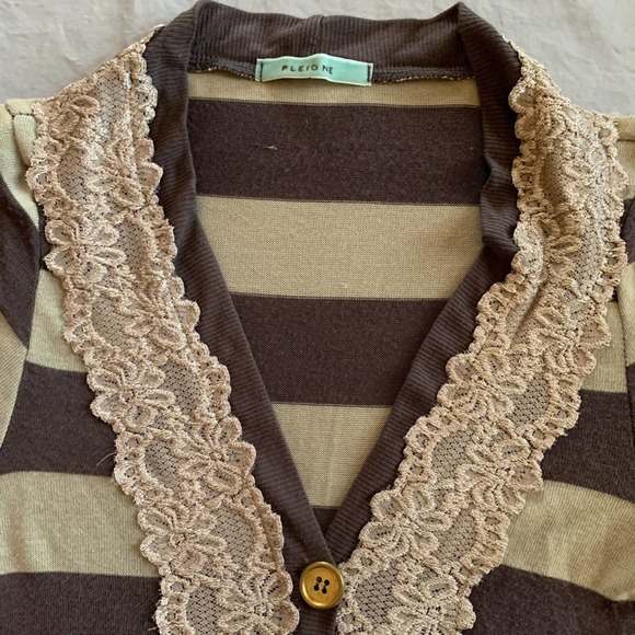 Anthropologie Pleione brown Striped Lace-trim V-neck Cardigan small - Picture 3 of 9